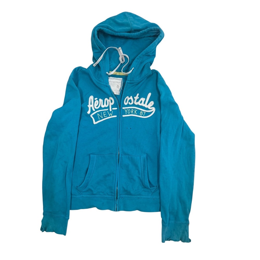 Aeropostale Hoodie Womens XL Teal Blue Cotton Blend Full Zip Distressed Y2K Logo